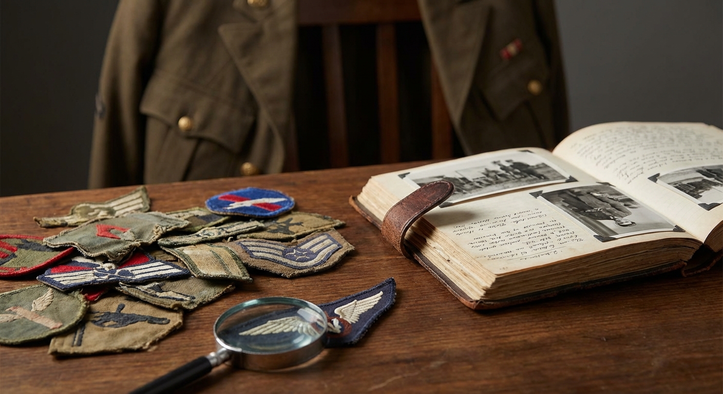 Detailed view of a military uniform with a badge in bright daylight.