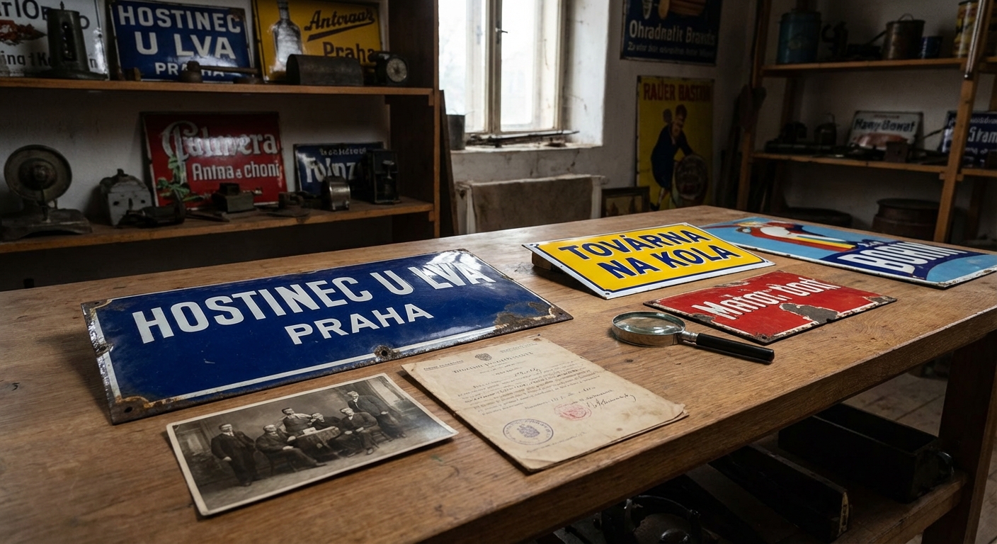 Collection of vintage advertising signs on rustic wooden wall showcasing classic brands.