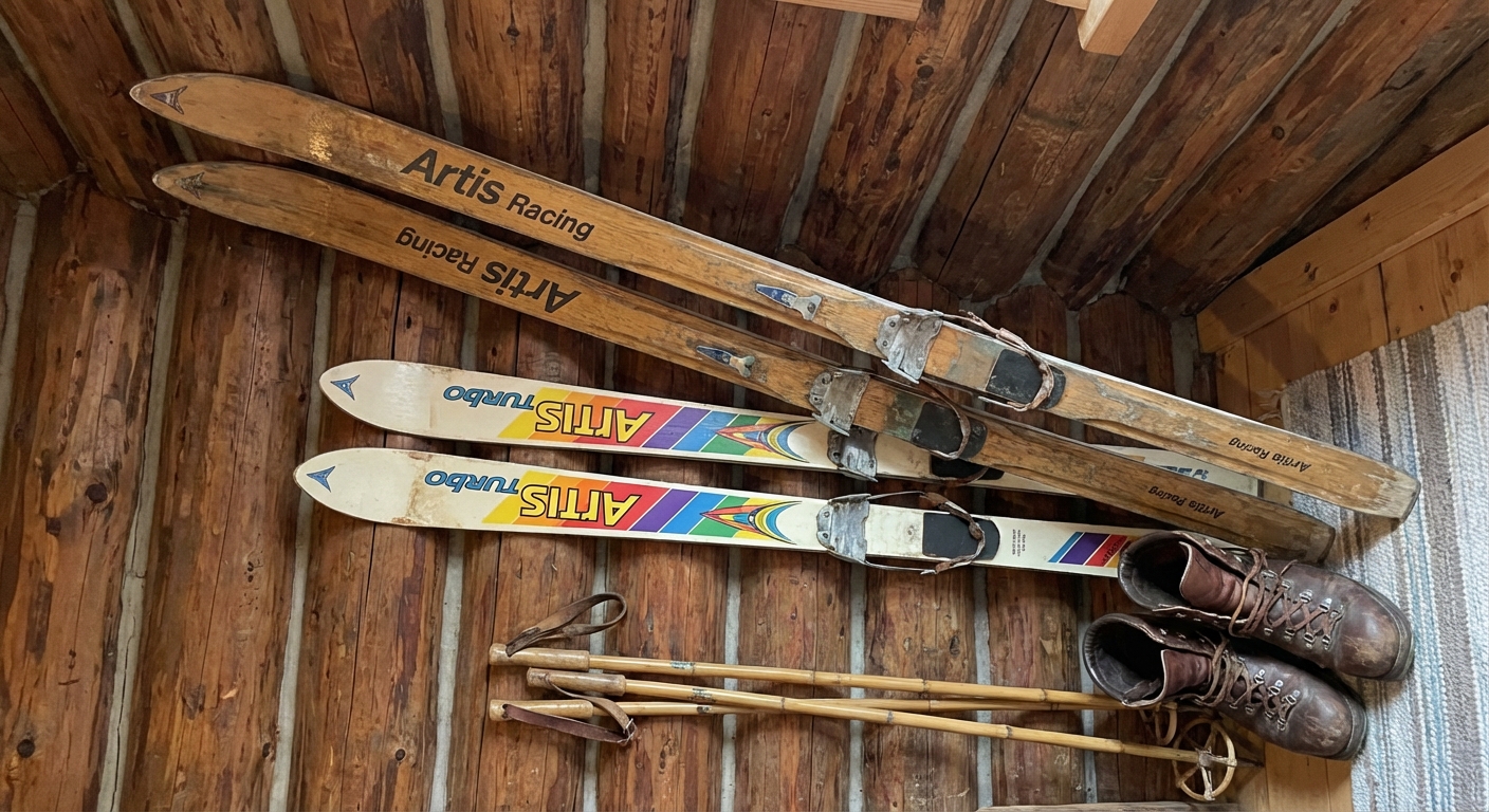 View of ski equipment on snowy terrain, highlighting a winter adventure in Poland.