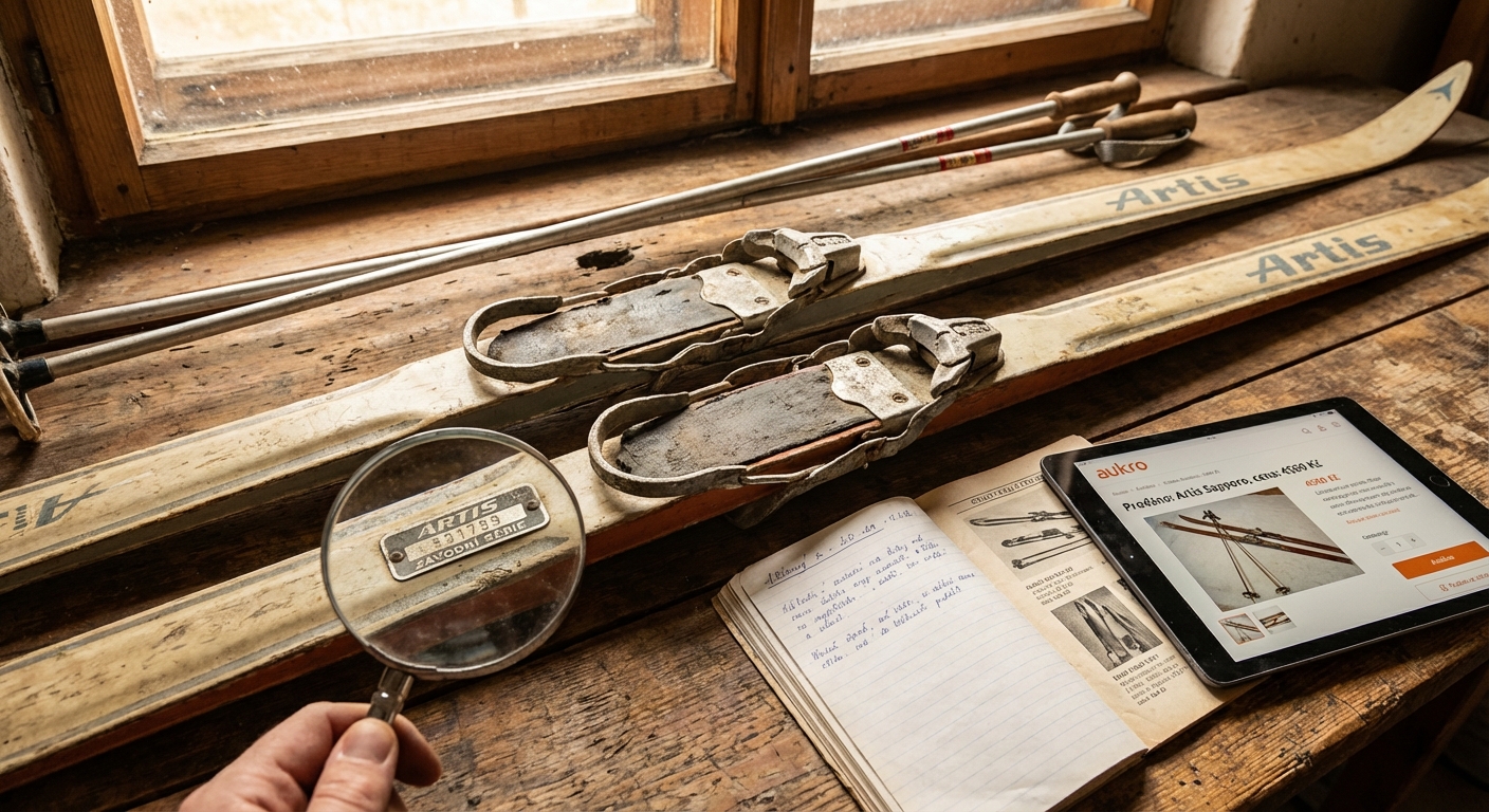 Classic black and white photo of five men skiing in a winter landscape.