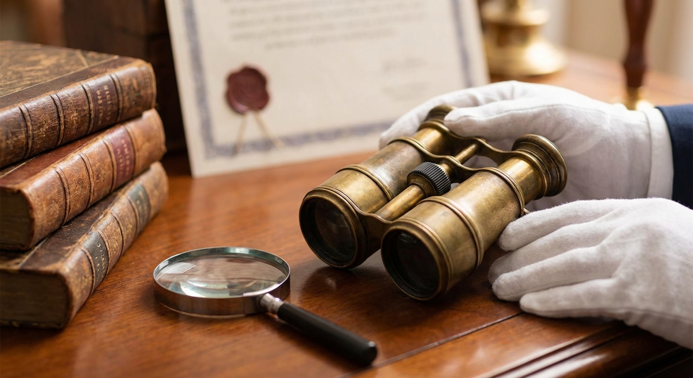 Close-up view of binoculars on a surface with sunset reflection in lenses.