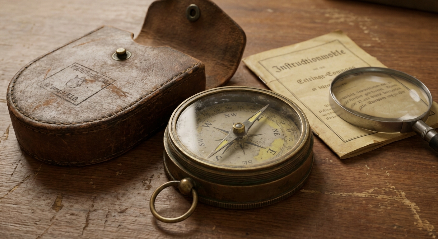 Close-up of a vintage brass compass, emphasizing its nautical design and retro charm.
