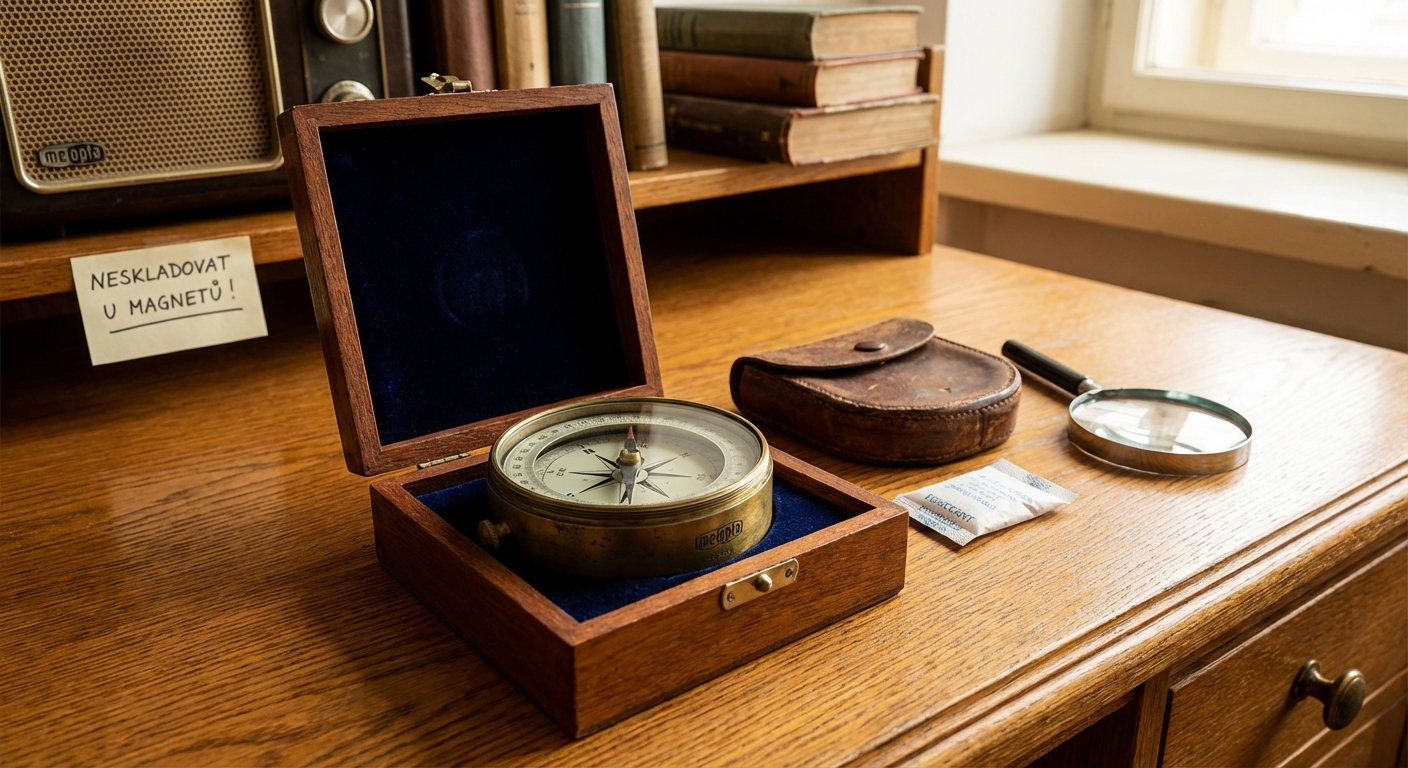 Close-up of an antique brass compass showcasing intricate vintage detailing.