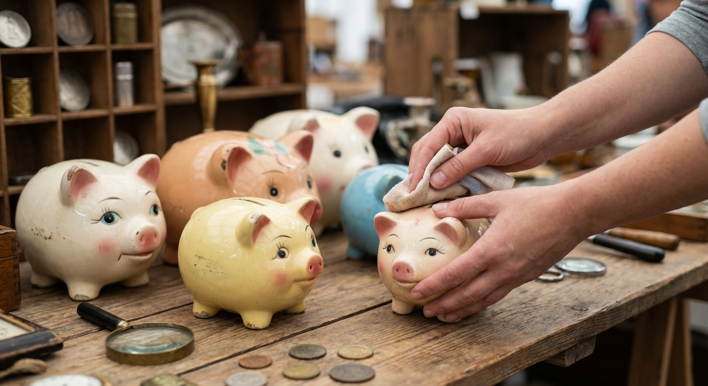 Close-up of a hand inserting a coin into a black piggy bank with scattered coins on a white background.