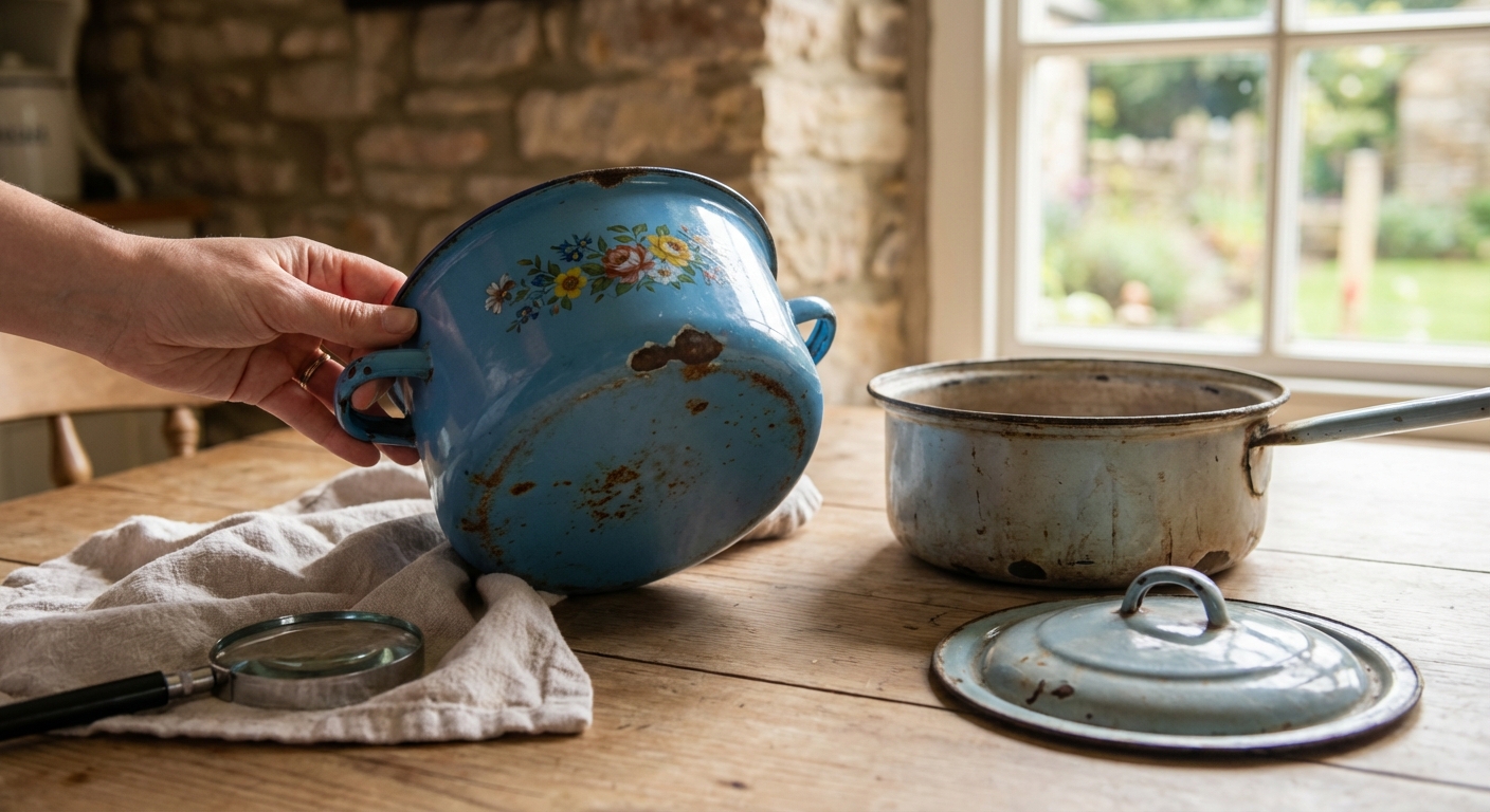 A classic kitchen interior featuring a potted plant on a vintage refrigerator. Warm lighting accents.