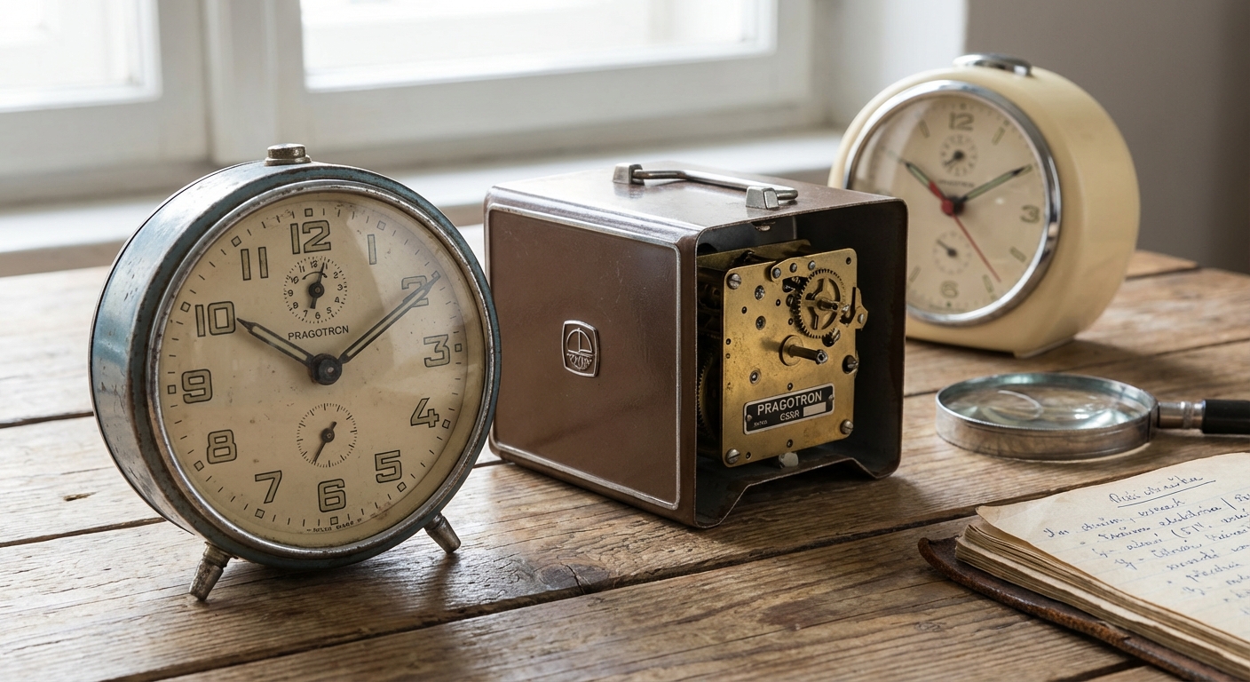 Close-up of an antique alarm clock displaying time with classic Roman numerals.