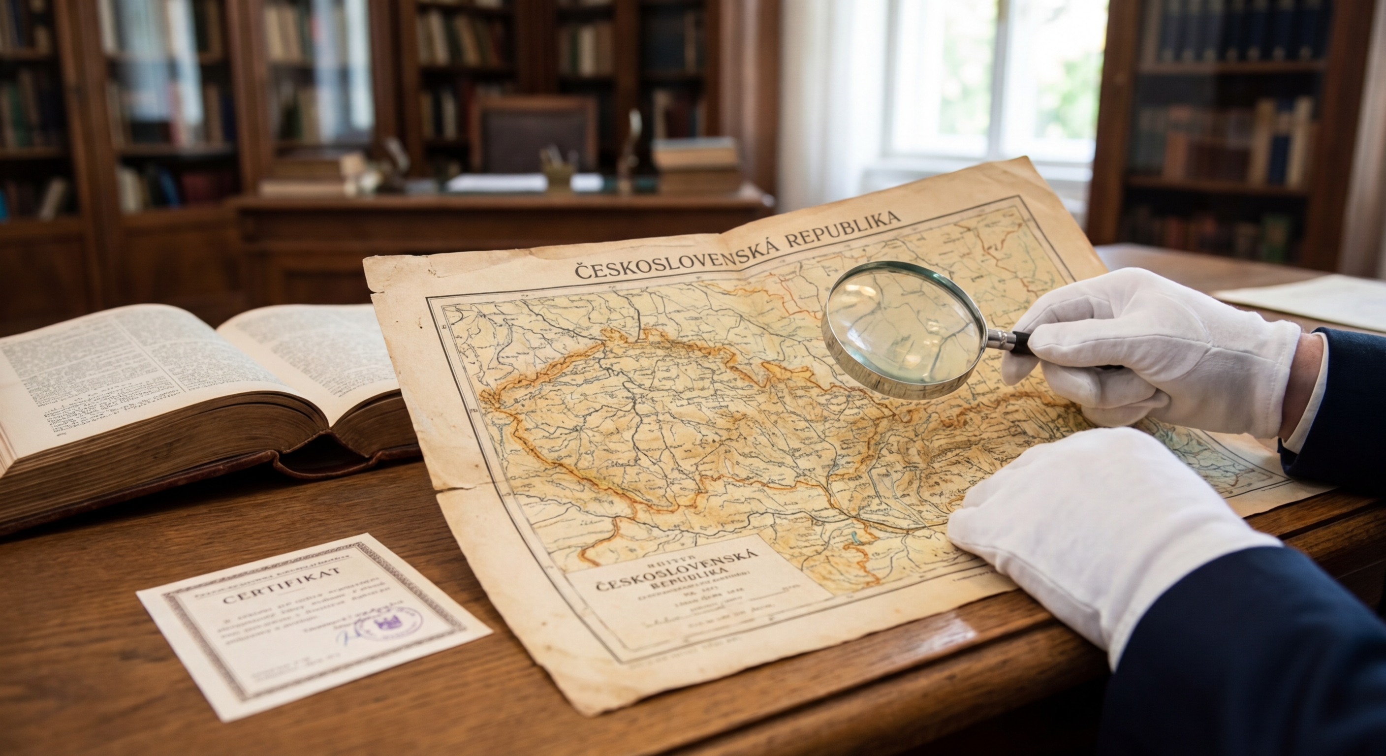 From behind anonymous person examining antique world map printed on large paper in blue colors in dark room