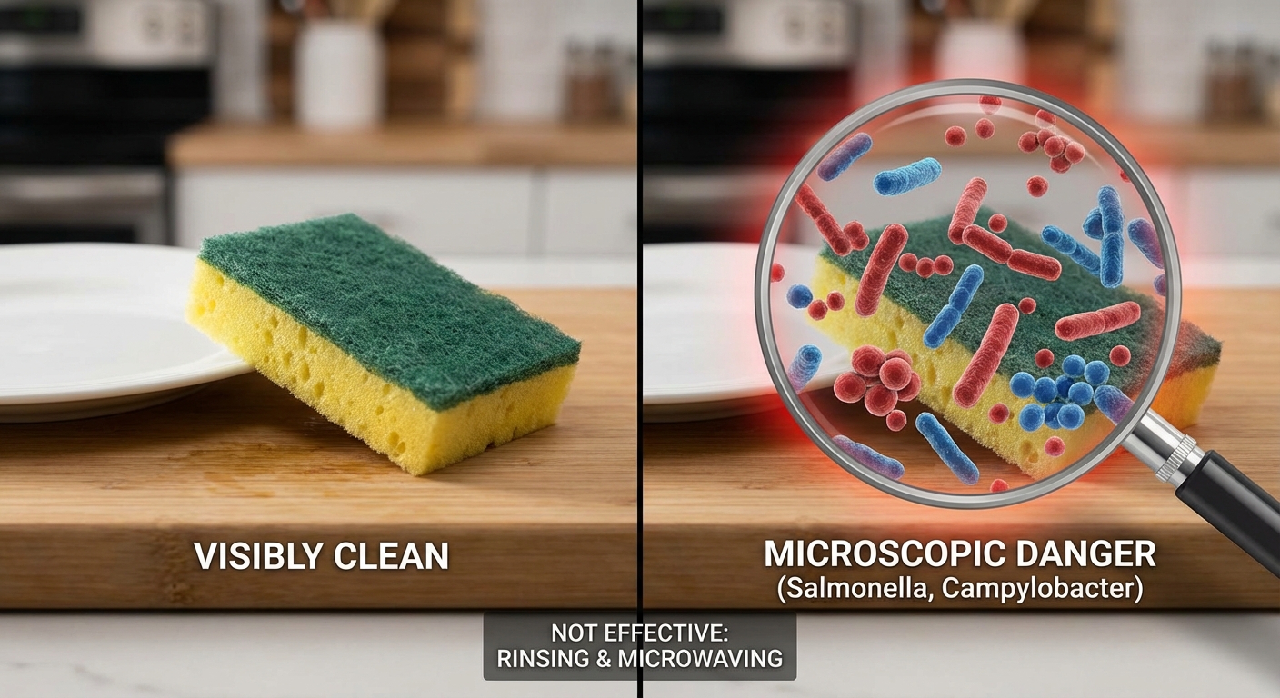 Hands being washed under a tap in a kitchen, promoting hygiene and cleanliness.