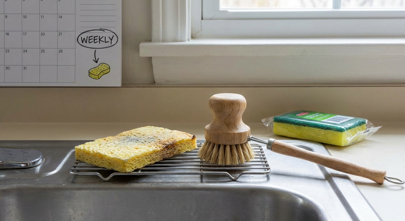 Close-up of hands washing dishes in a kitchen sink with running water.