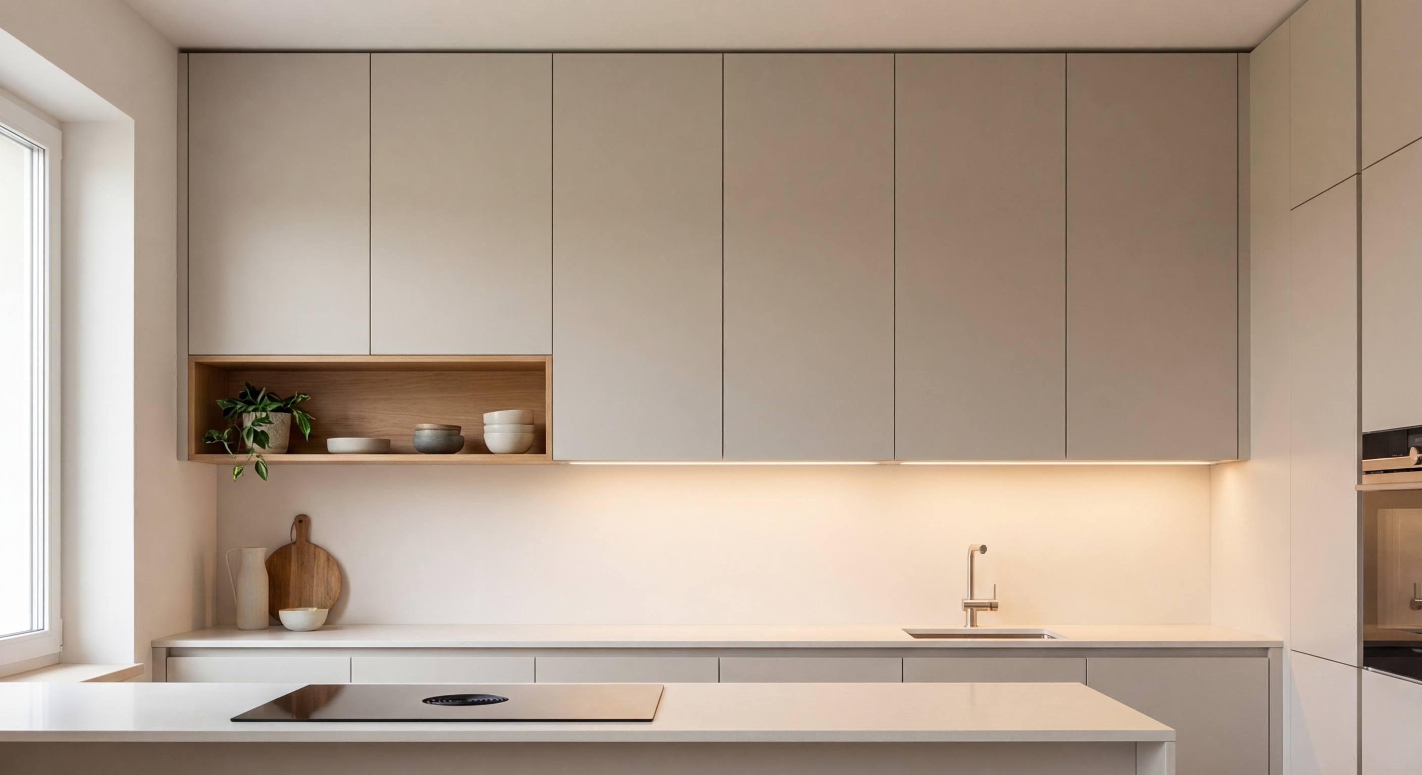 Spacious and sleek modern kitchen with minimalist gray cabinets and efficient layout.