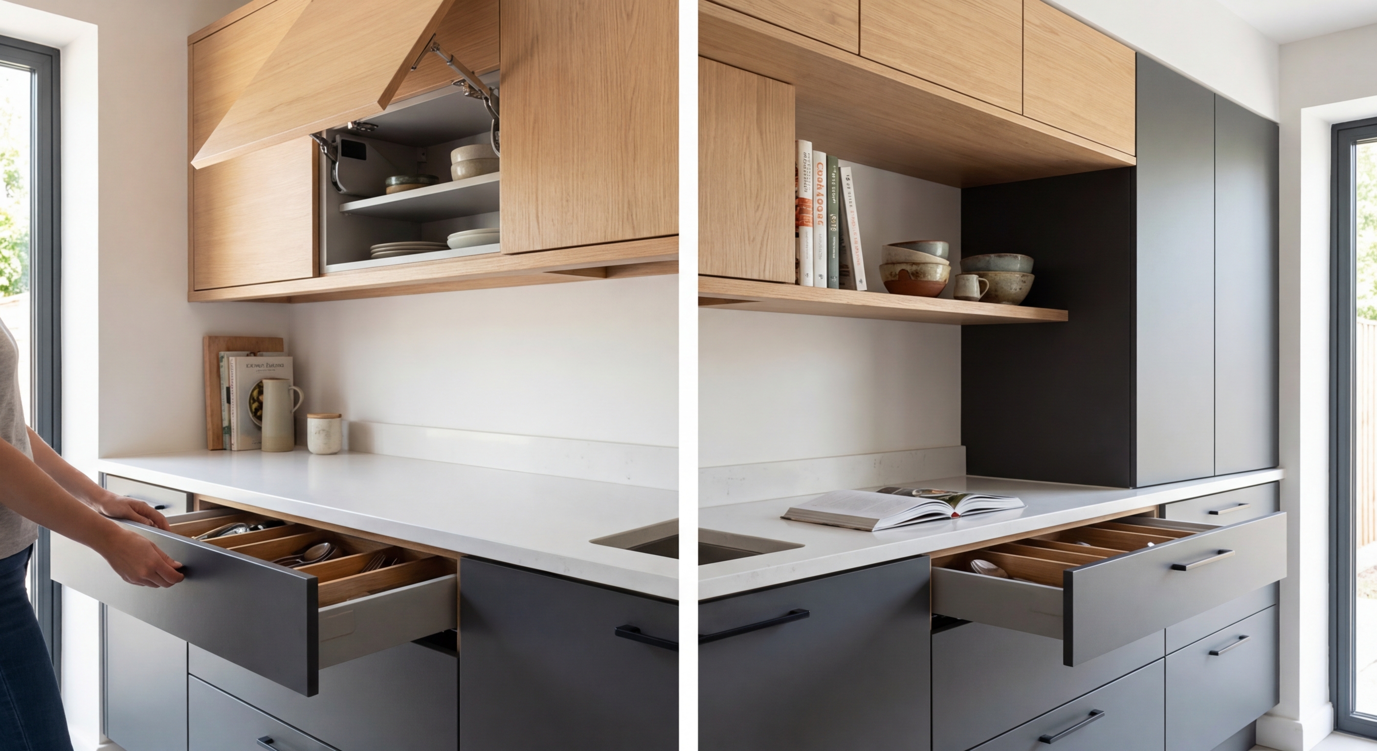 Interior of contemporary kitchen with counter under shelves and cabinets with microwave and oven with hood