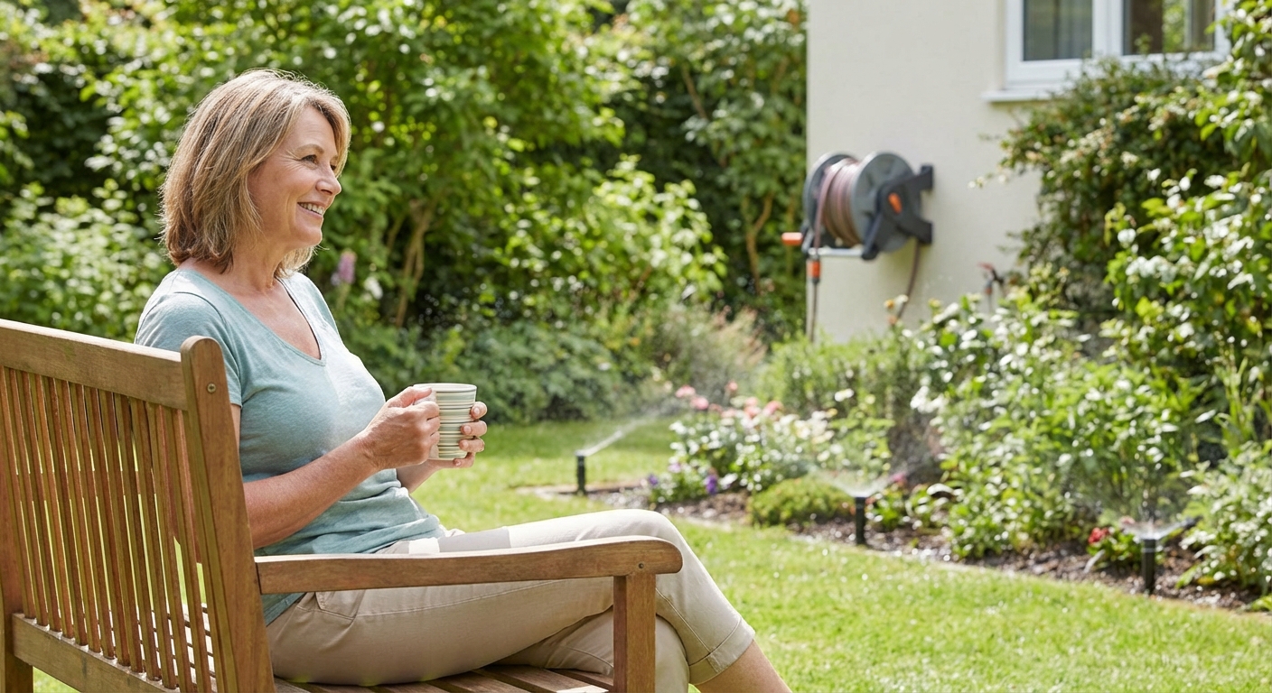 Close-up of garden hose spraying water on lush green grass with vivid splash effect.