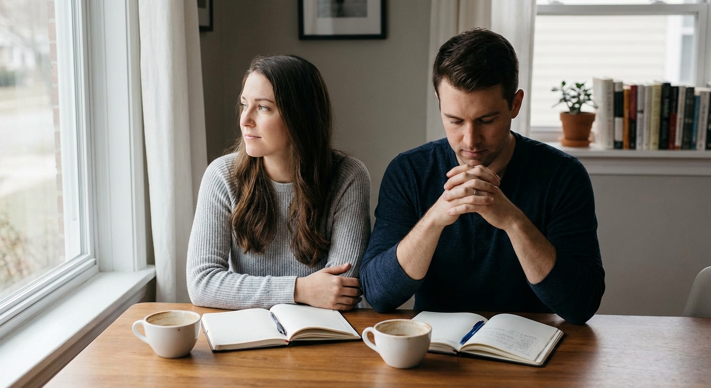 A couple sitting silently on a bed with tense expressions, suggesting conflict and emotional struggles.