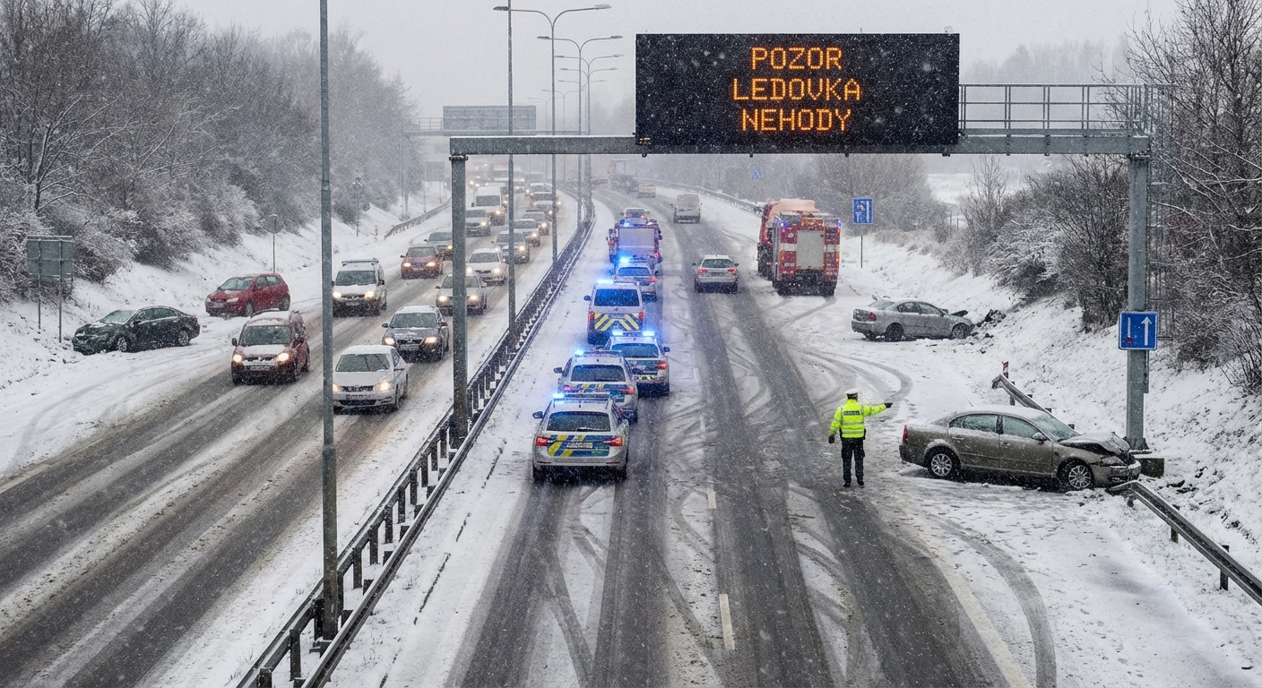 Snow-covered traffic lights and signs illuminated during a winter night in Lithuania.