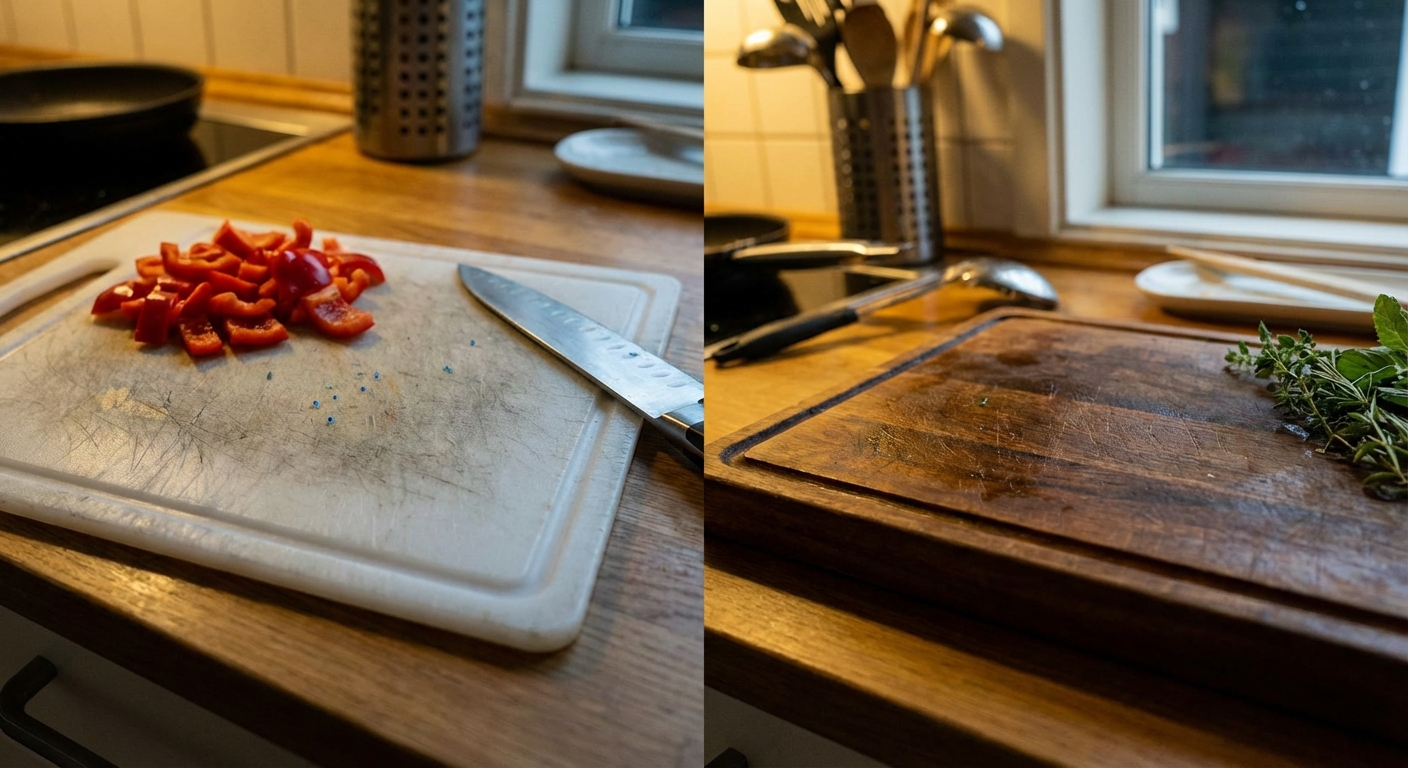 Fresh herbs and a chef knife on a wooden surface with copy space.