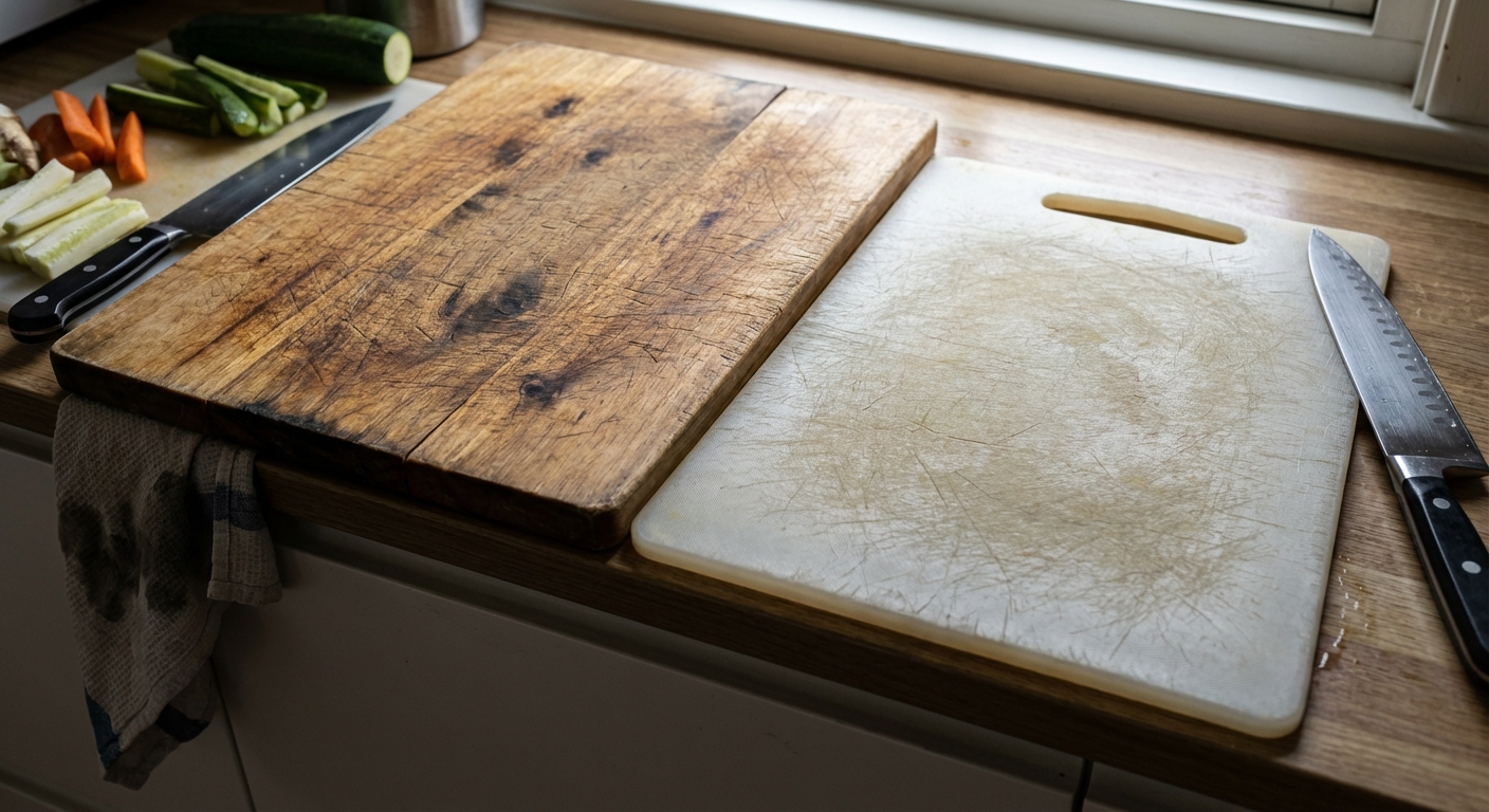 Close-up of a knife on a wooden cutting board with green onions. Ideal for kitchen and cooking themes.