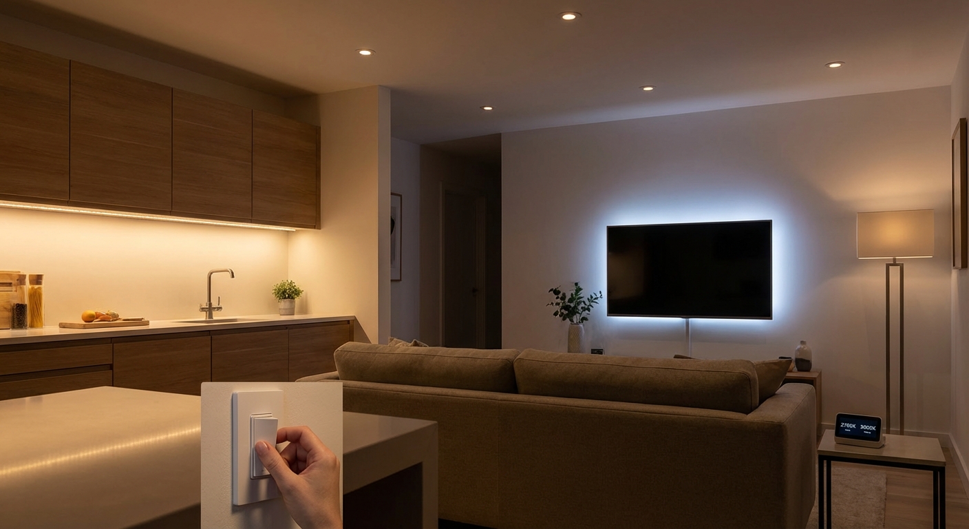 Warm lighting from LED bulb on table, creating a cozy indoor ambiance.