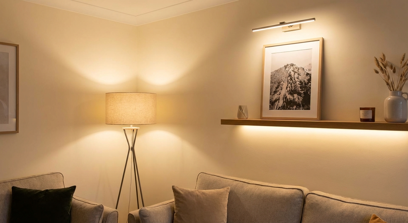 A sleek desk lamp casts a soft glow on a textured wall, creating a moody ambiance.