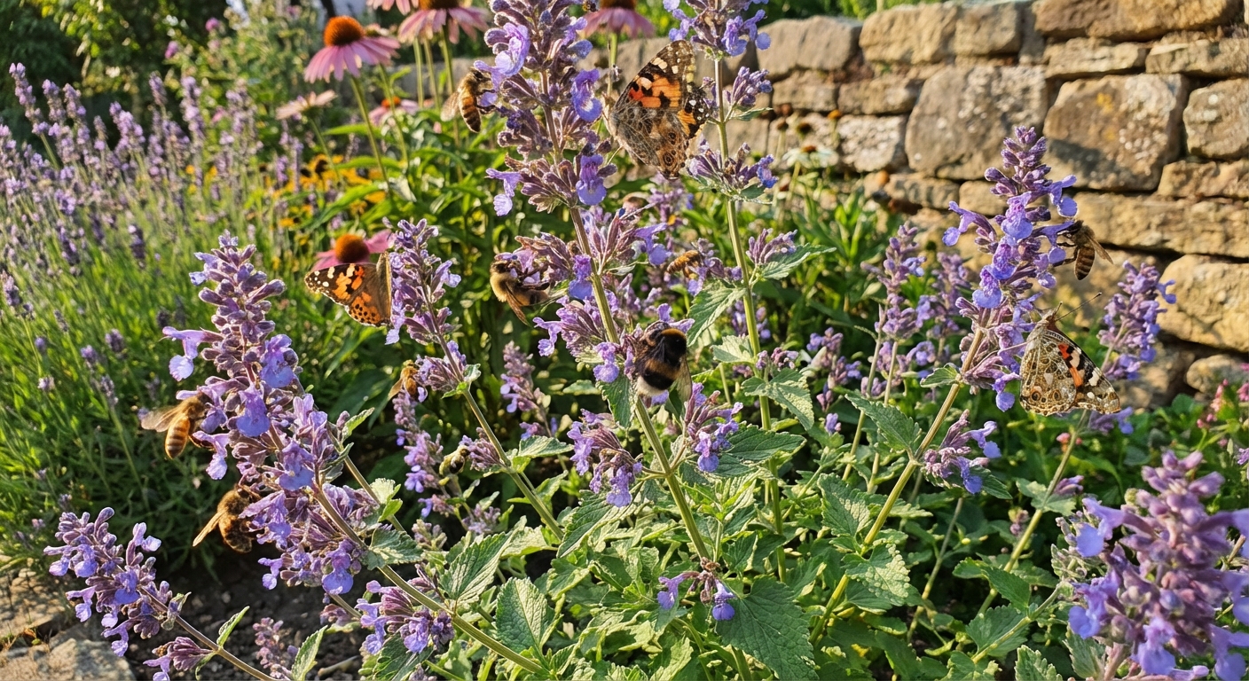 Vibrant green catnip leaves in sunlight, showcasing detailed textures and lush growth.