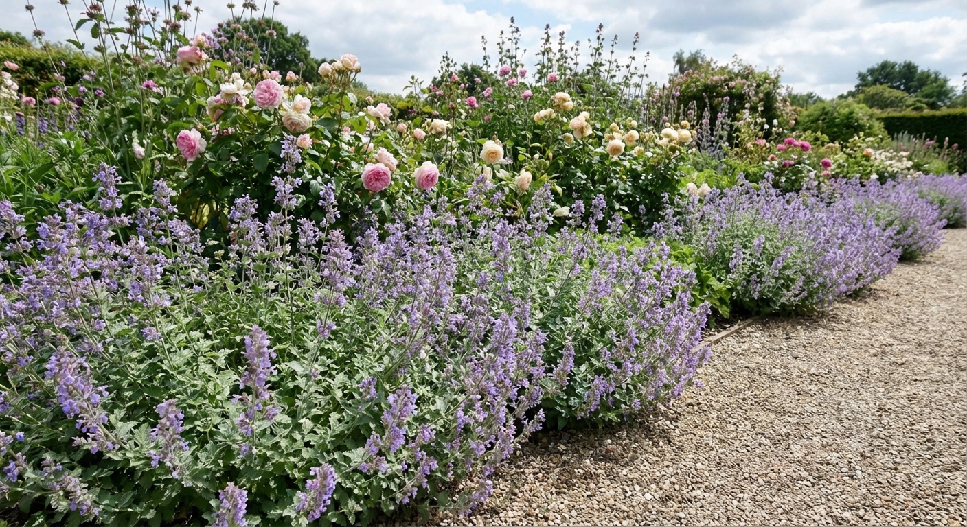 A detailed close-up of vibrant green catnip leaves (Nepeta cataria) in an outdoor garden setting.