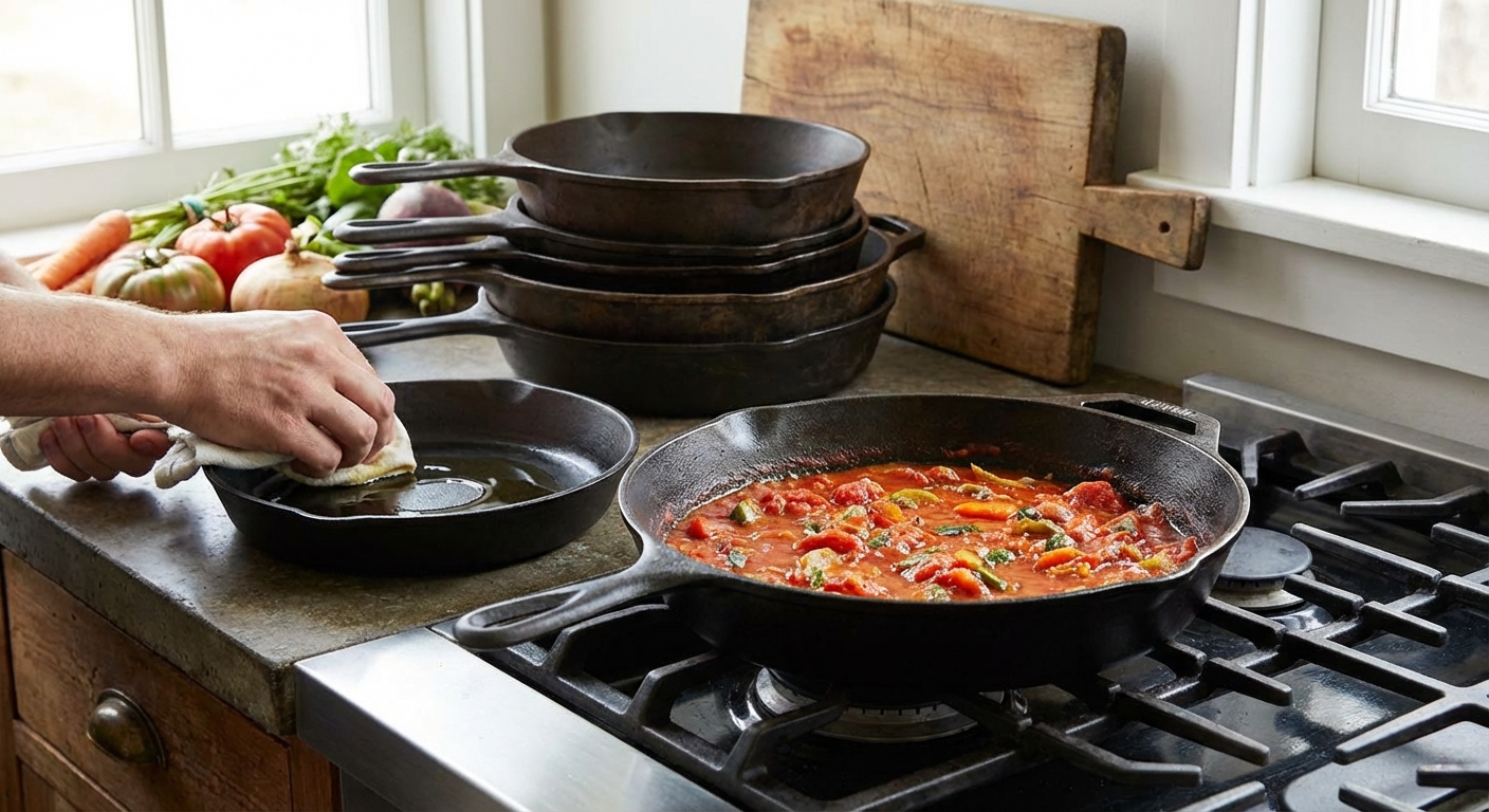Fresh mushrooms cooking on a black skillet, enhancing the grilled cuisine experience.
