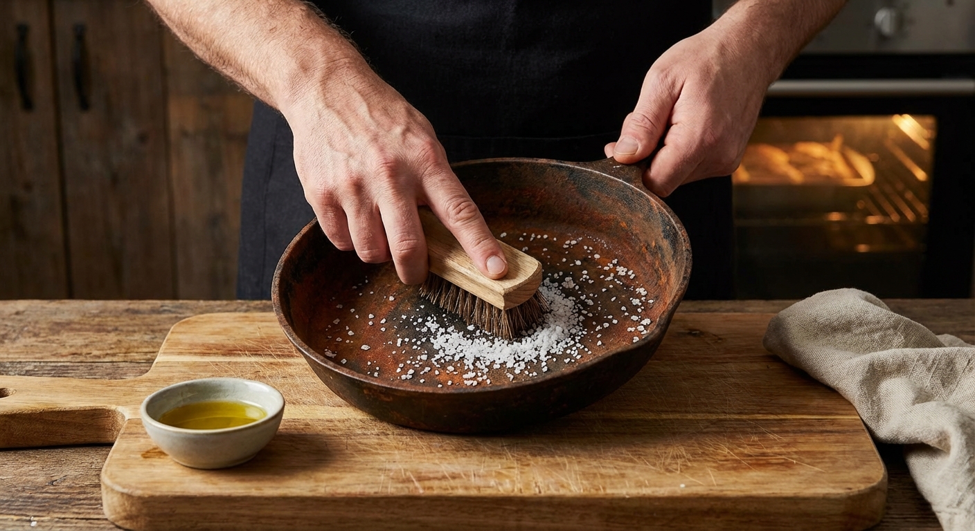Cast iron pot on a smoky outdoor stove in a winter setting, highlighting rustic cooking.