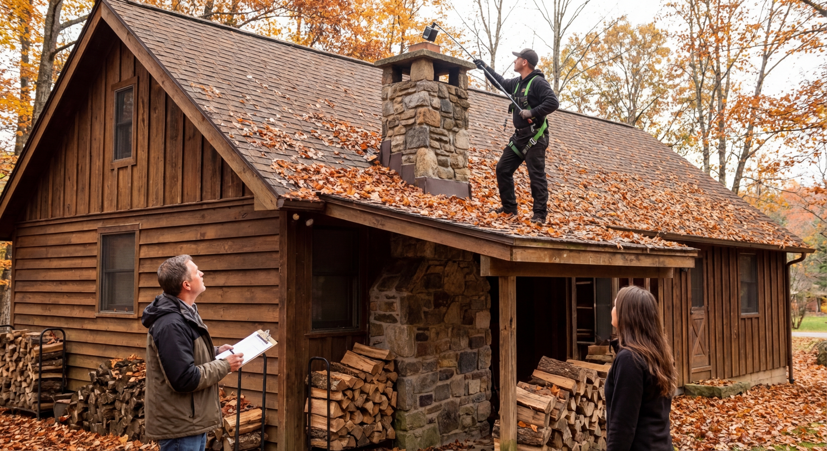 Rustic red wooden house with garden furniture set in lush green countryside.