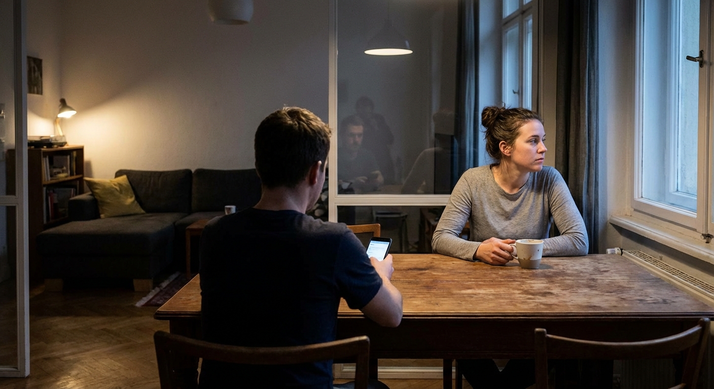 A thoughtful couple seated in bed, sharing an intimate and caring moment at home.