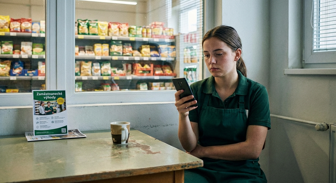 A couple shopping at a supermarket checkout, holding a pineapple and paper bag.