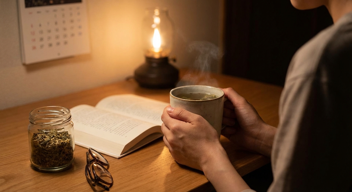 Top view of a cup of lemon tea garnished with a chamomile flower on a blue saucer.