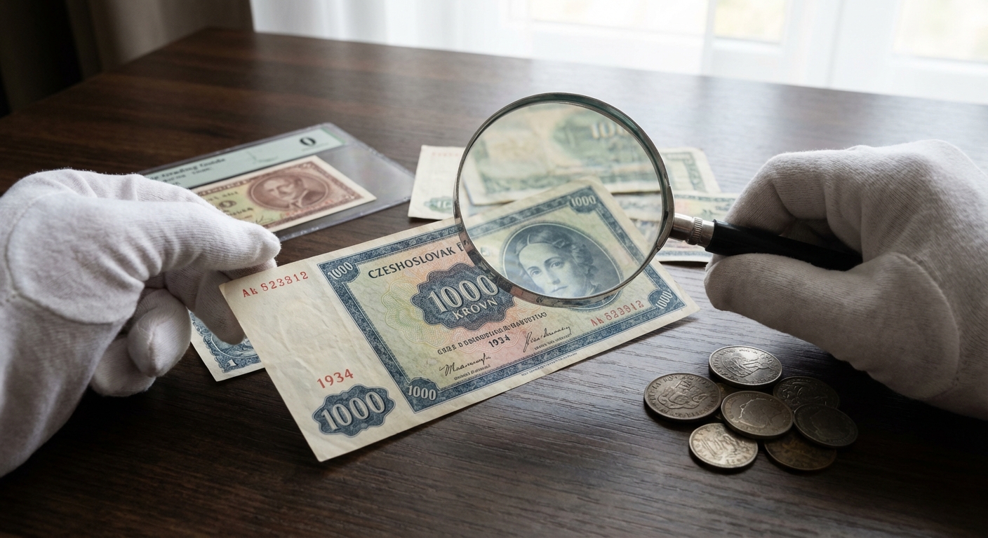 A close-up view of assorted vintage coins and banknotes on a table.