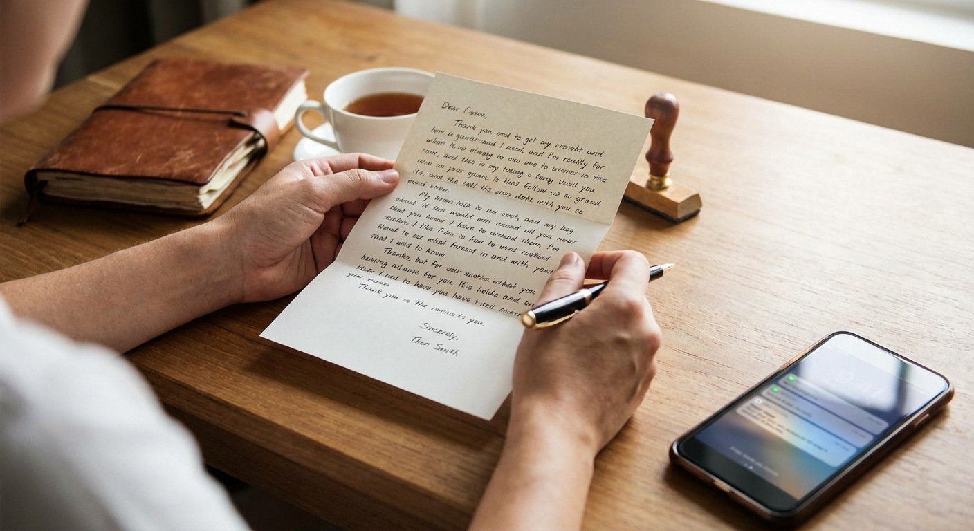 Flat lay image of a rose, fountain pen, and paper on a rustic wooden table.