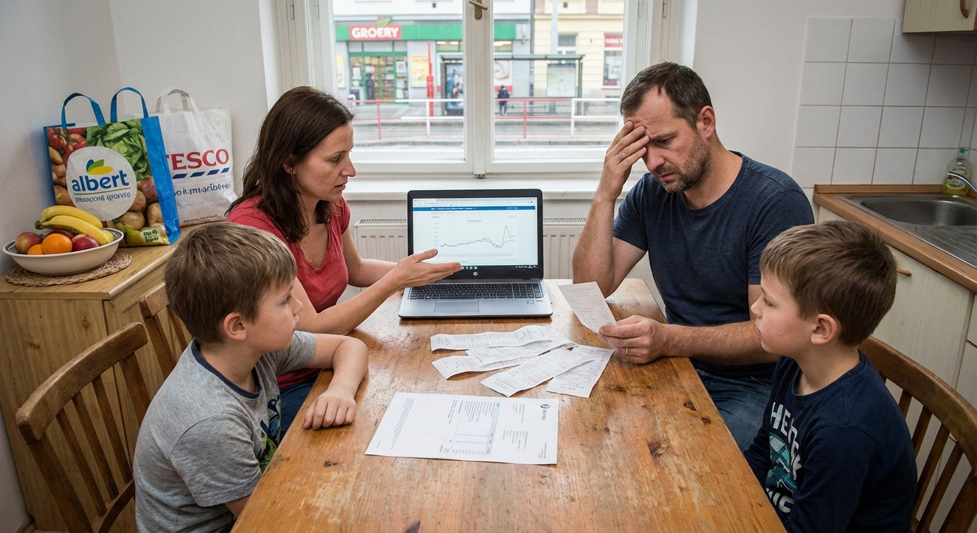 A woman in a white shirt sits indoors, examining a lengthy receipt with a concerned expression.