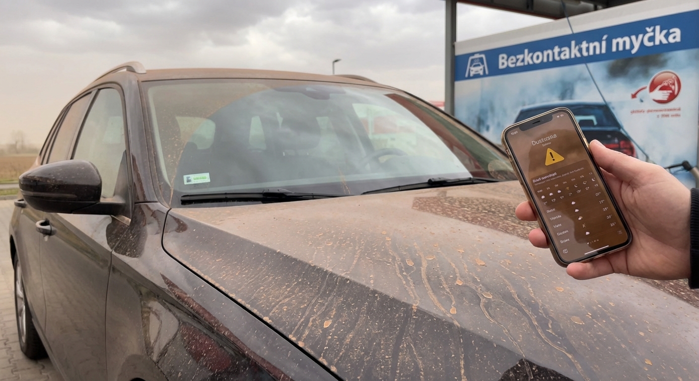 White luxury car drifting on a dirt road, creating a dramatic dust cloud under a blue sky.