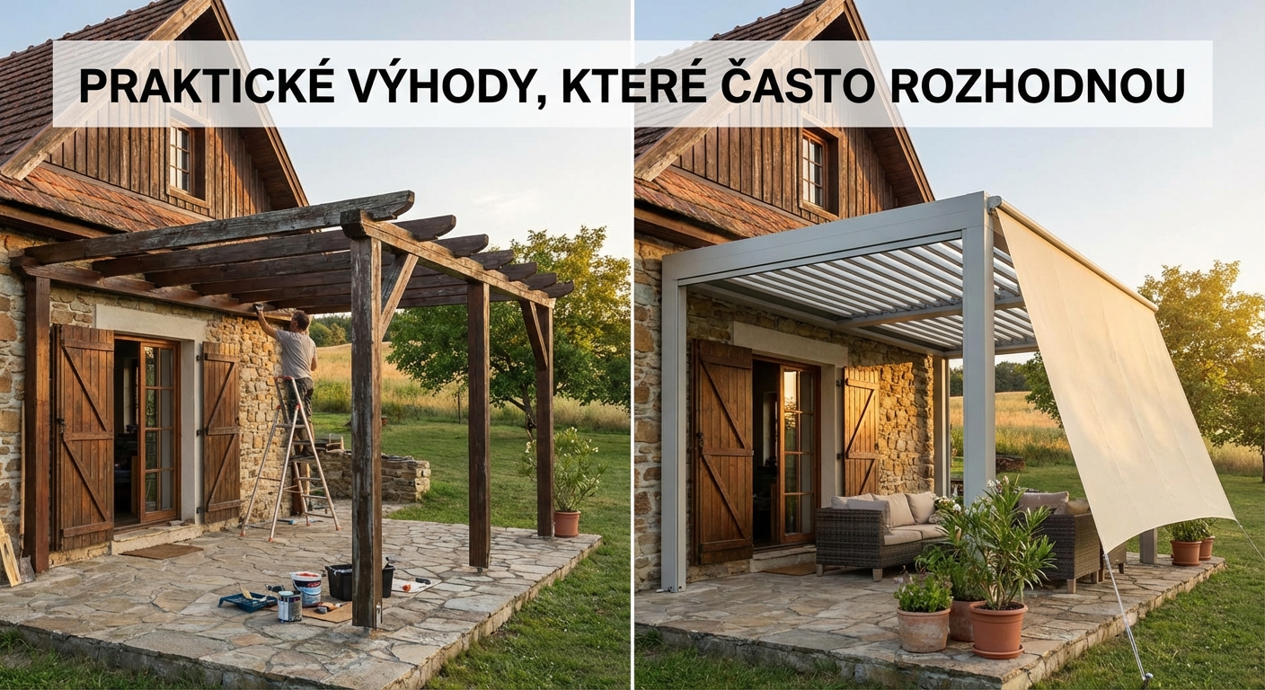 Spacious wooden gazebo in a lush garden setting with green foliage and stone flooring.