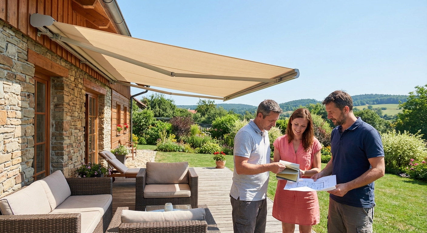 A detailed view of a rustic wooden pergola with white fabric and round light bulbs.