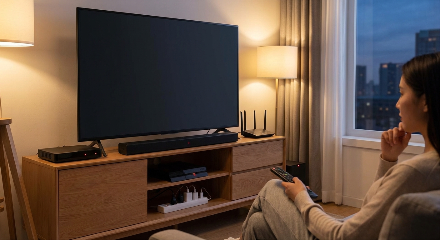 Person playing video games using a game controller indoors on a modern TV setup.