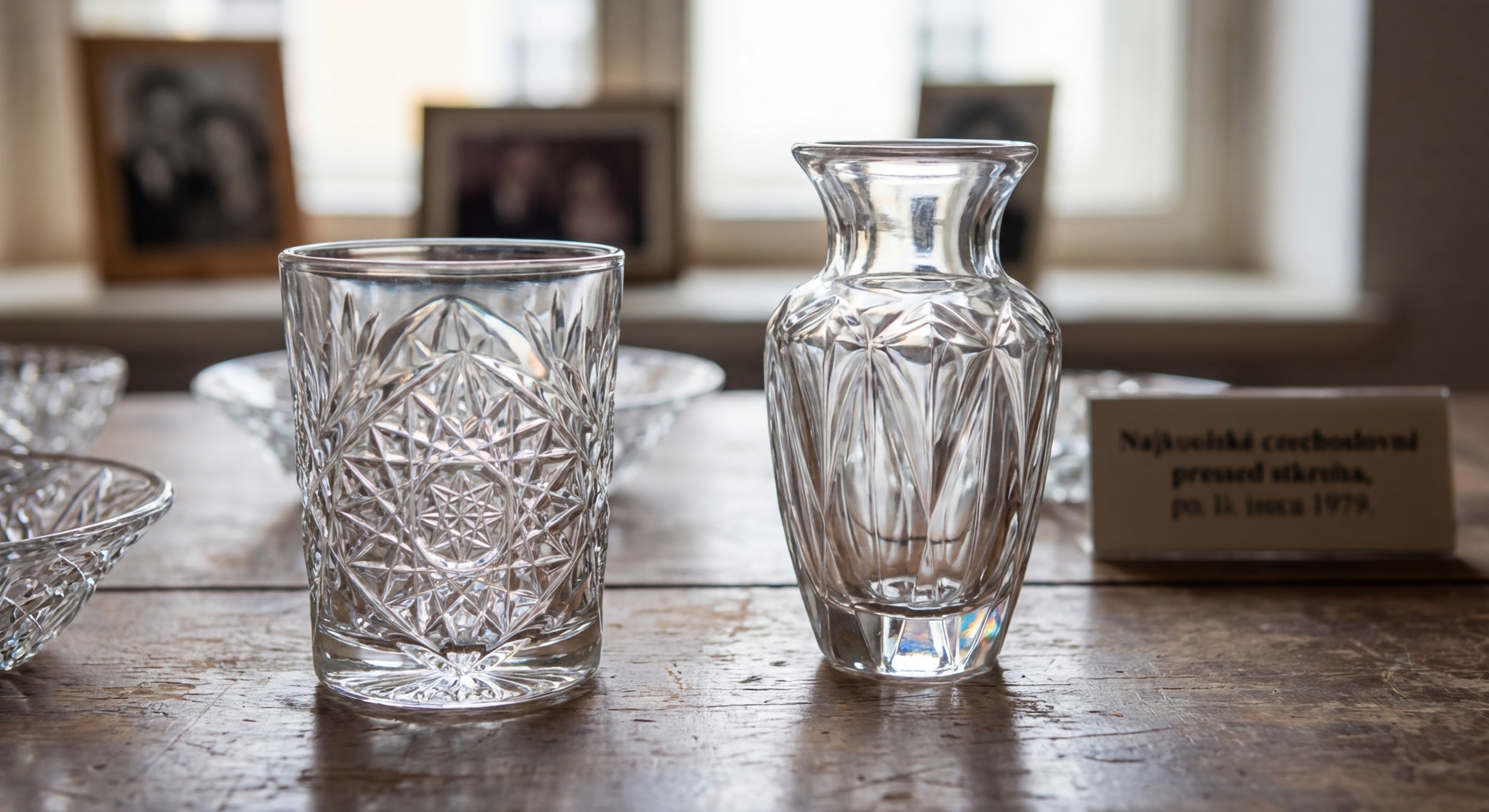 Elegant still life of clear glassware and a carafe with cork lid on a reflective surface.