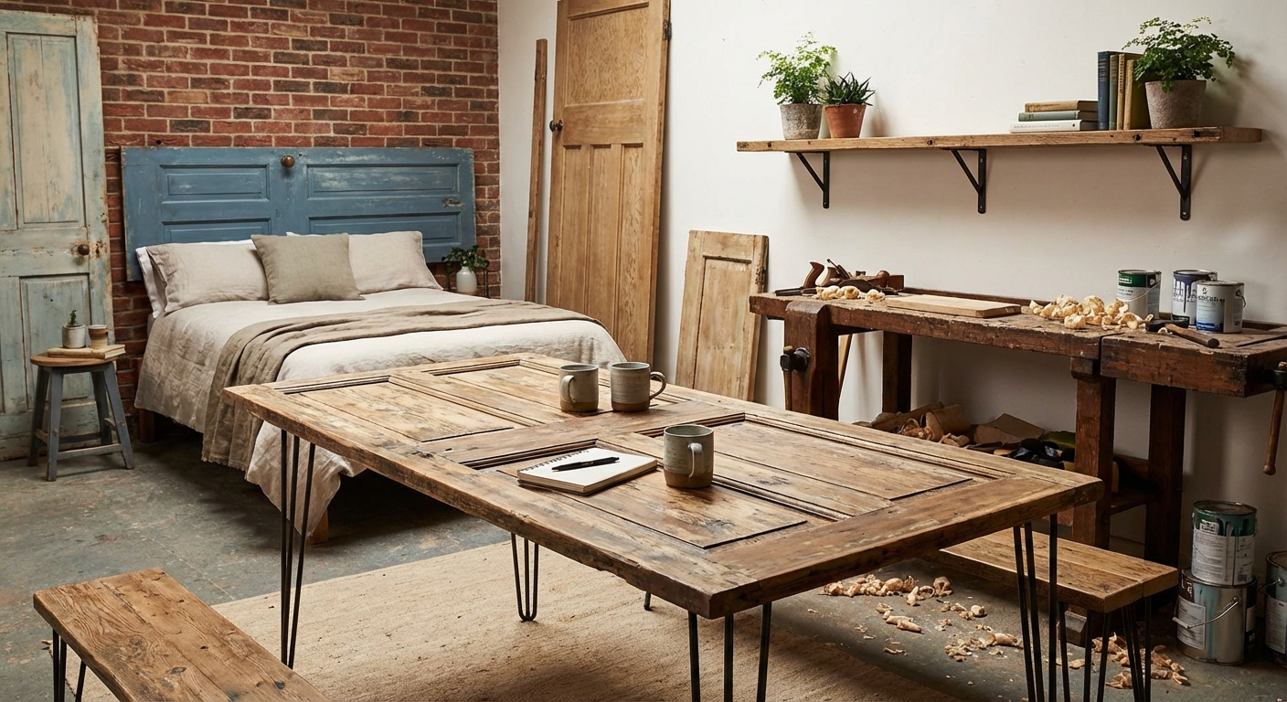 A vibrant arrangement of colorful wooden planks behind a rustic wooden bench, providing an urban art vibe.