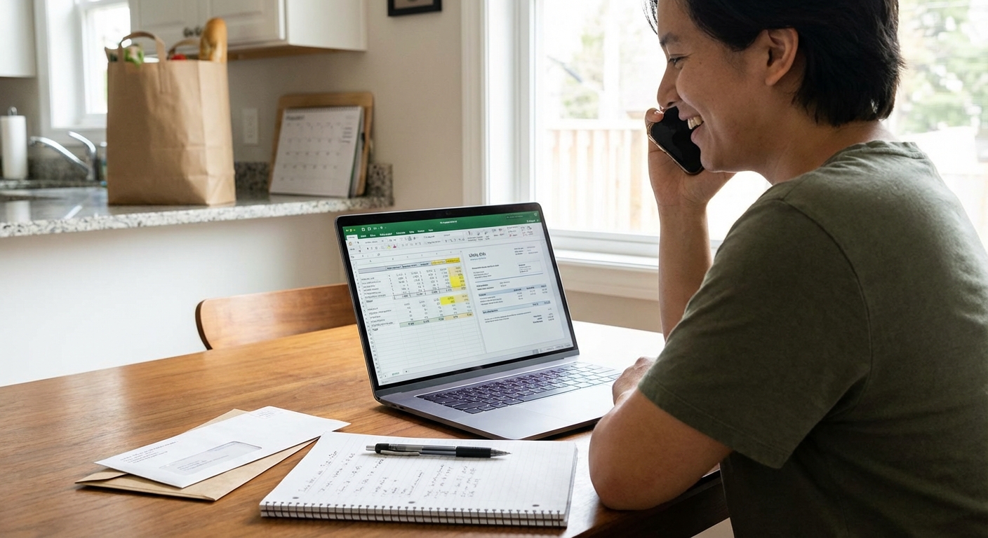 Woman reviewing receipts and planning budget using a laptop and notebook at home to manage expenses.