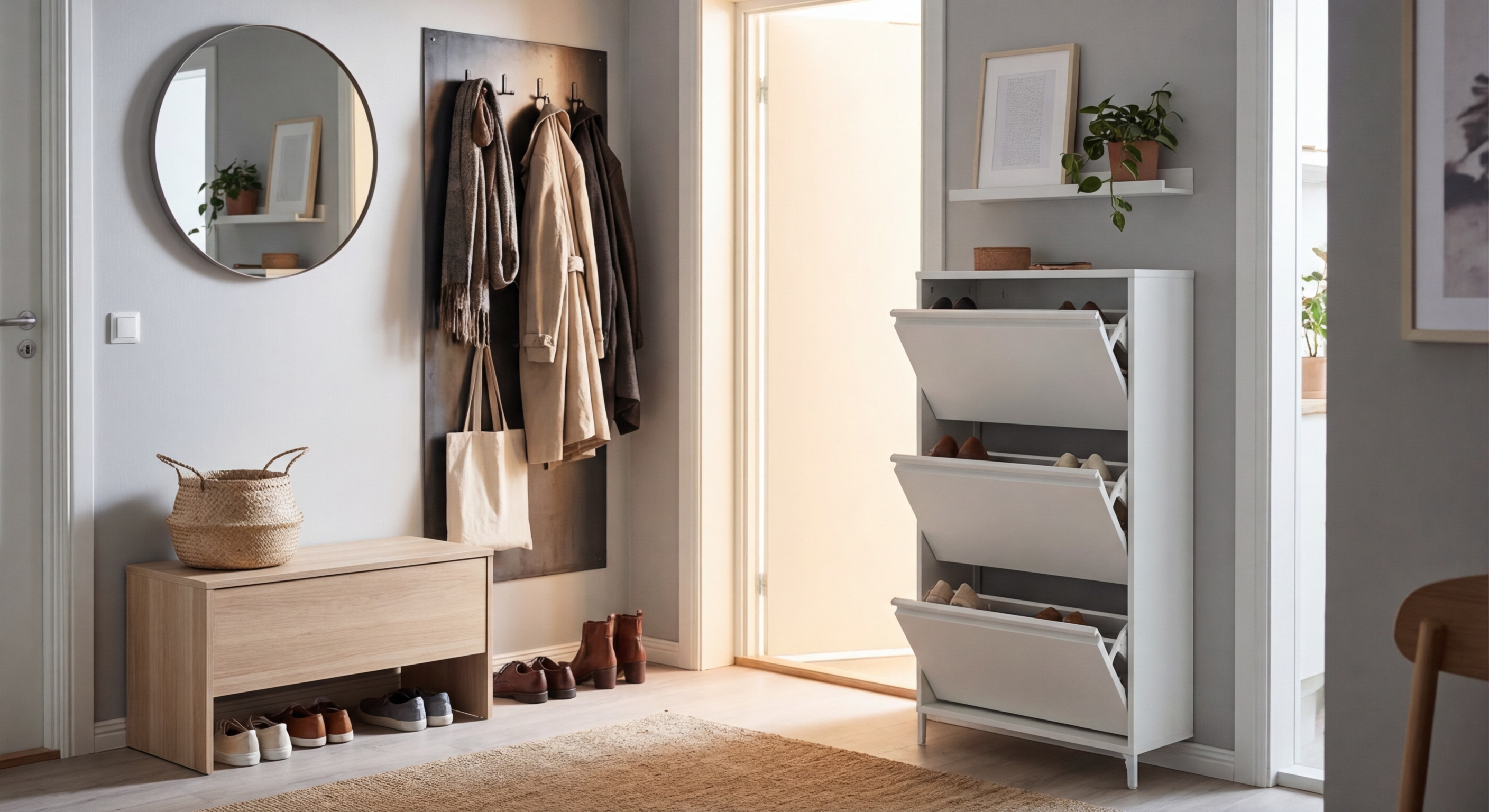 Glass cabinets in white kitchen against modern hallway with fabric bench and wall with hexagonal ornament