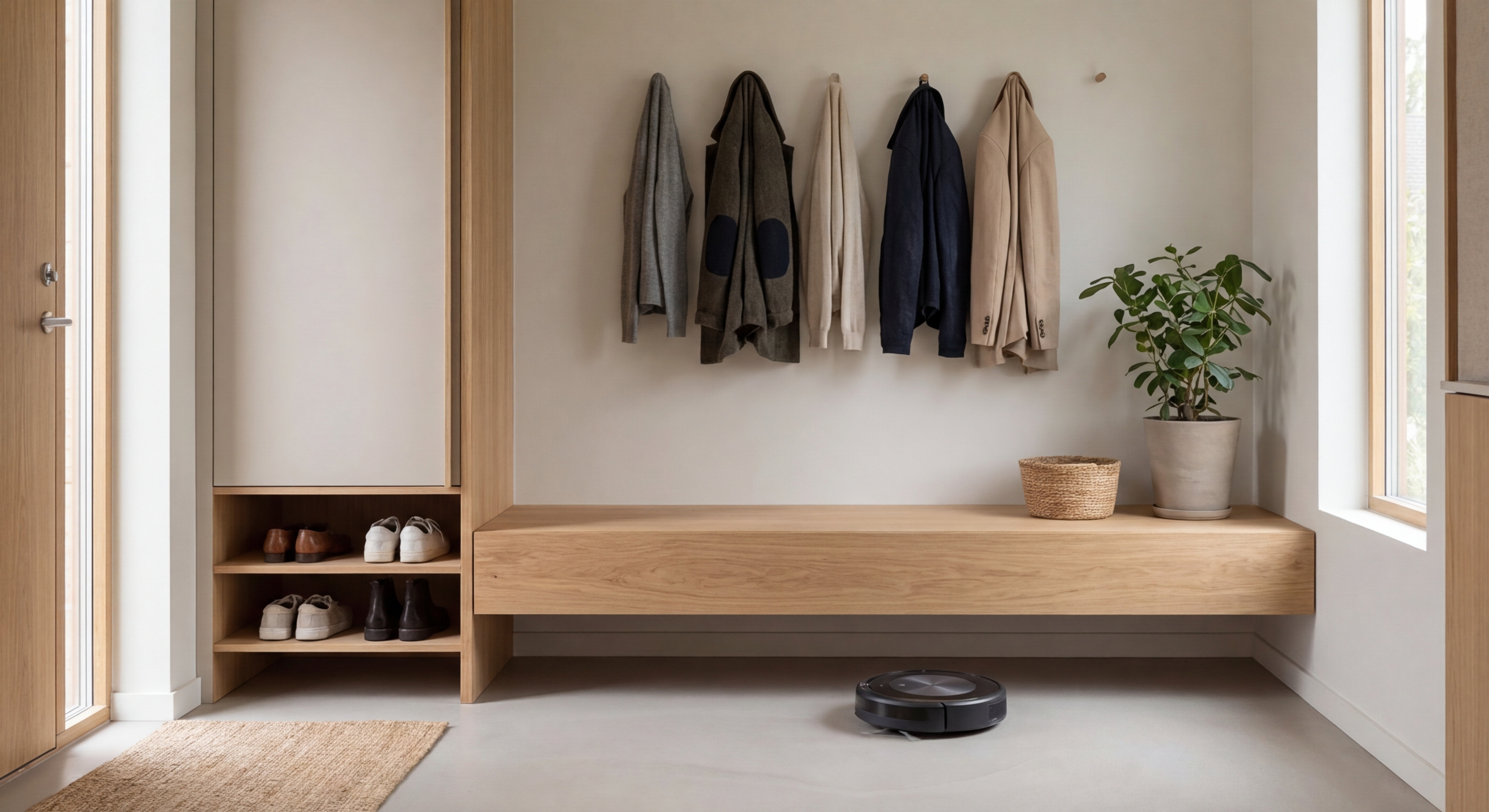 Stylish entrance area with wooden panels, seating, and a mirror.