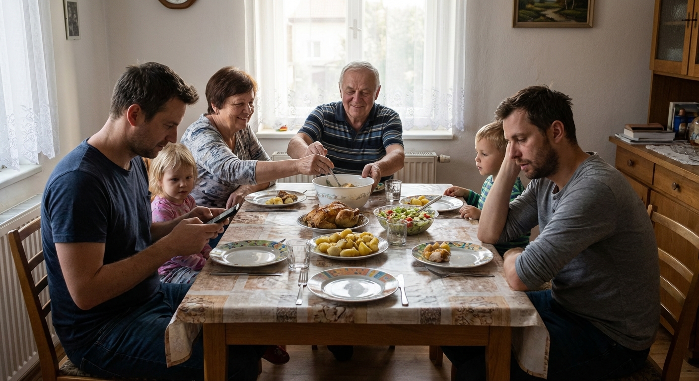 Family sharing a meal at home, capturing joy and togetherness indoors.
