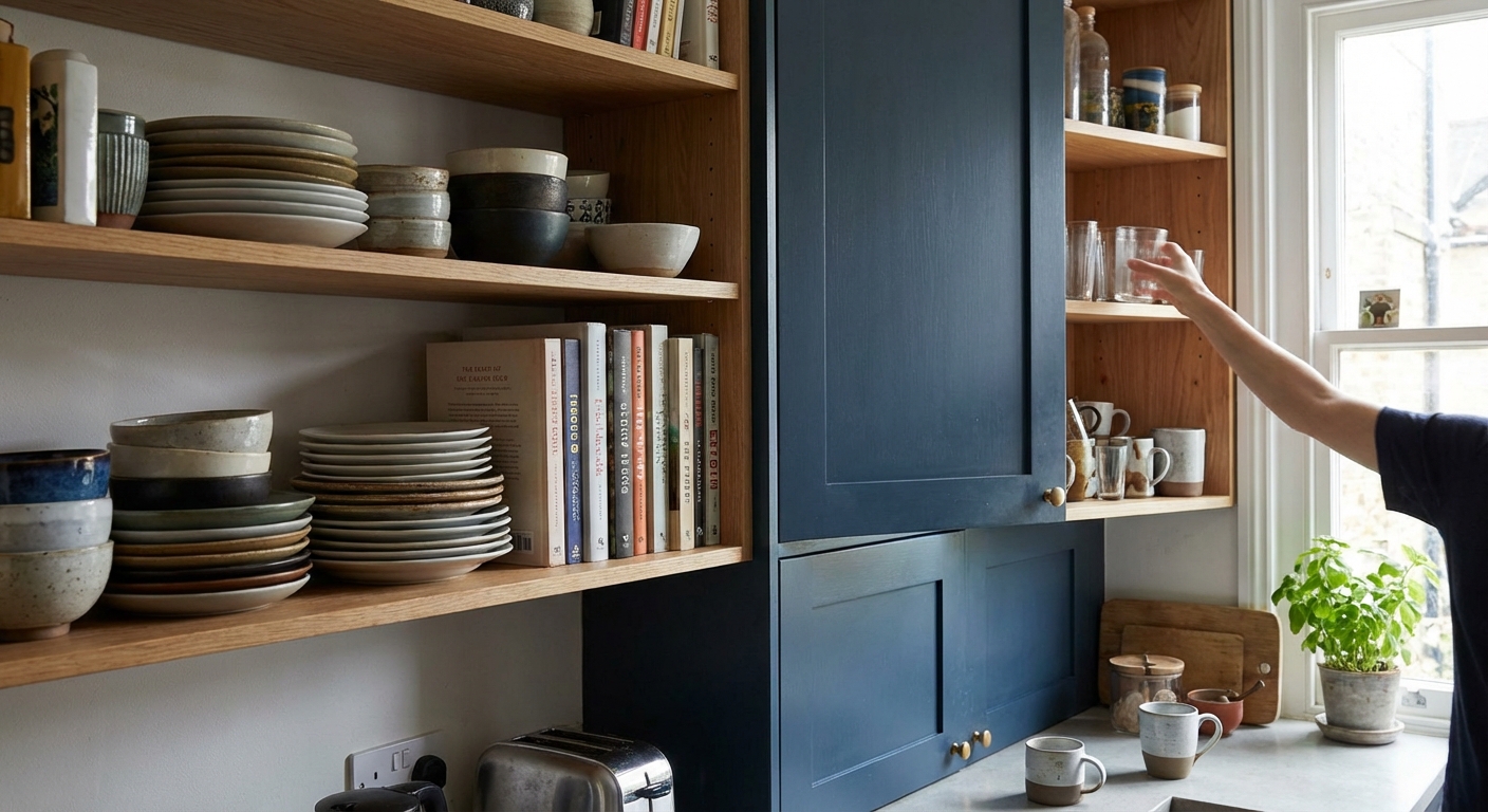 Stylish arrangement of ceramic bowls and glassware on rustic wooden shelves.
