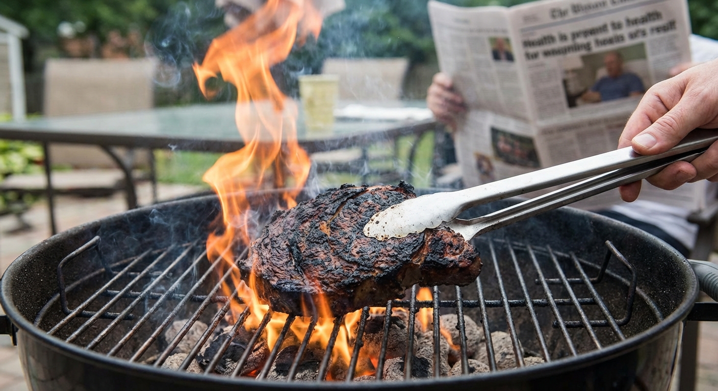 Close-up of grilling meat on open flames showcasing the BBQ experience.