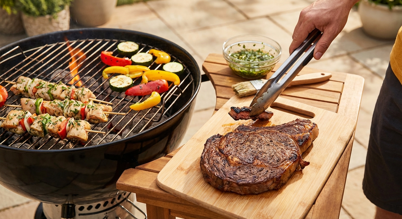 Mouthwatering steaks grilling over an open flame, showcasing sizzling and smoky barbecue goodness.