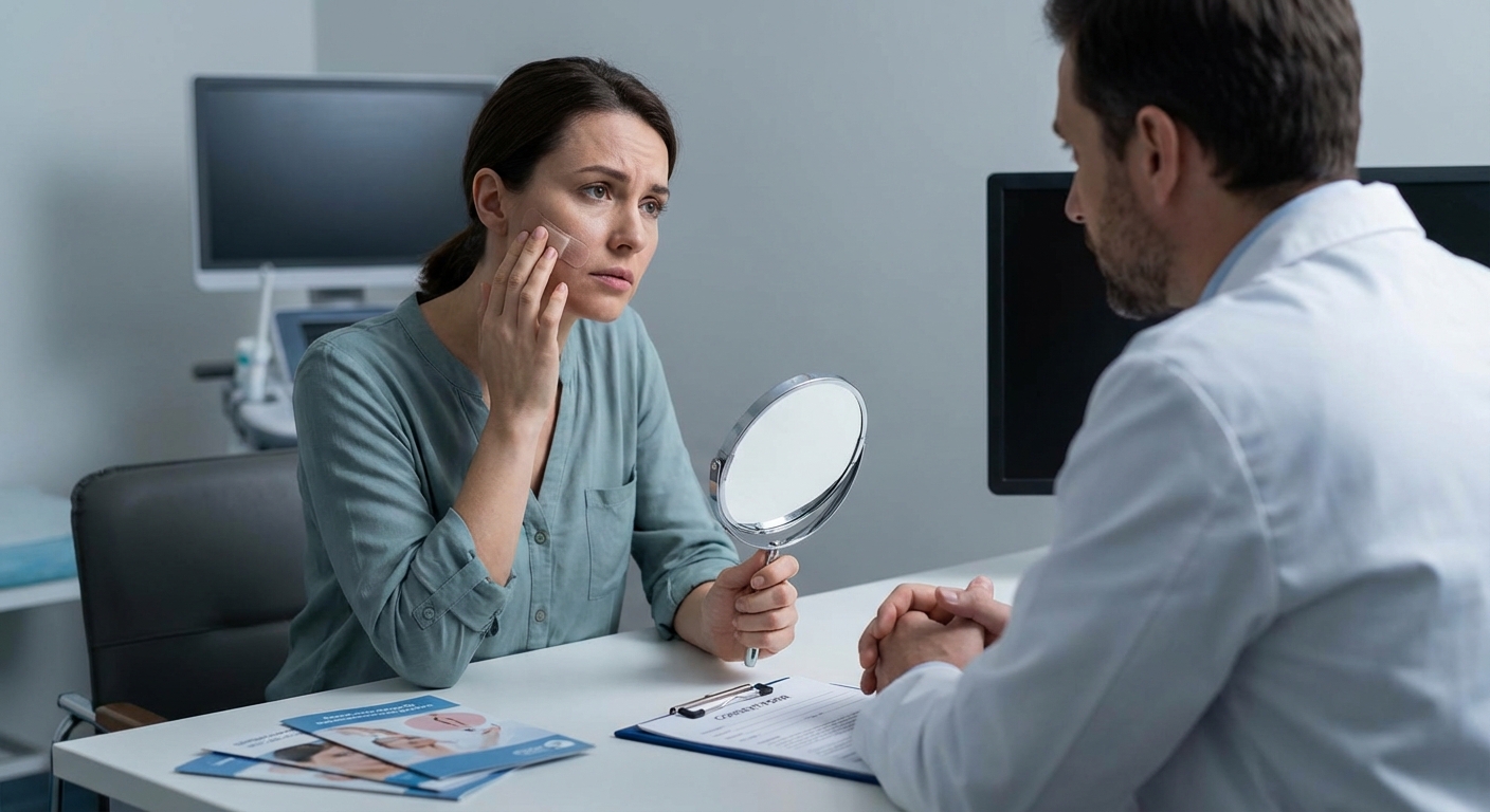 Surgeon marking patient's face for medical procedure in clinic setting.