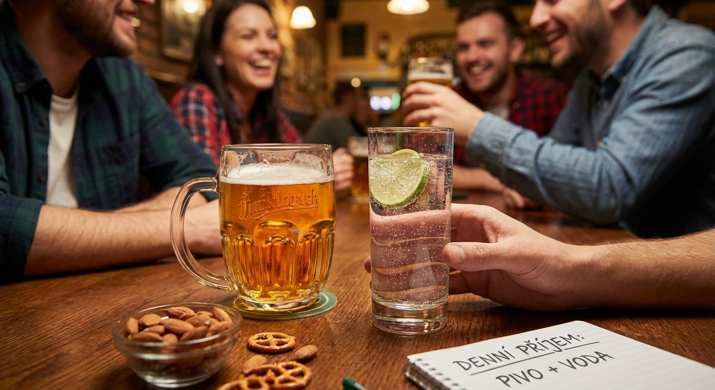 Close-up of an adult hand holding a beer glass with foam in a casual pub setting.