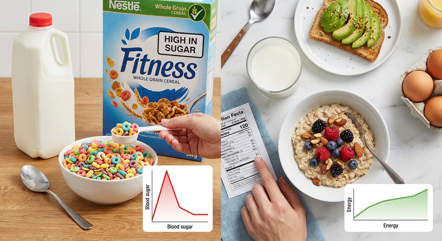 A close-up of a hand holding a spoon over a bowl of milk with letter-shaped cereals.