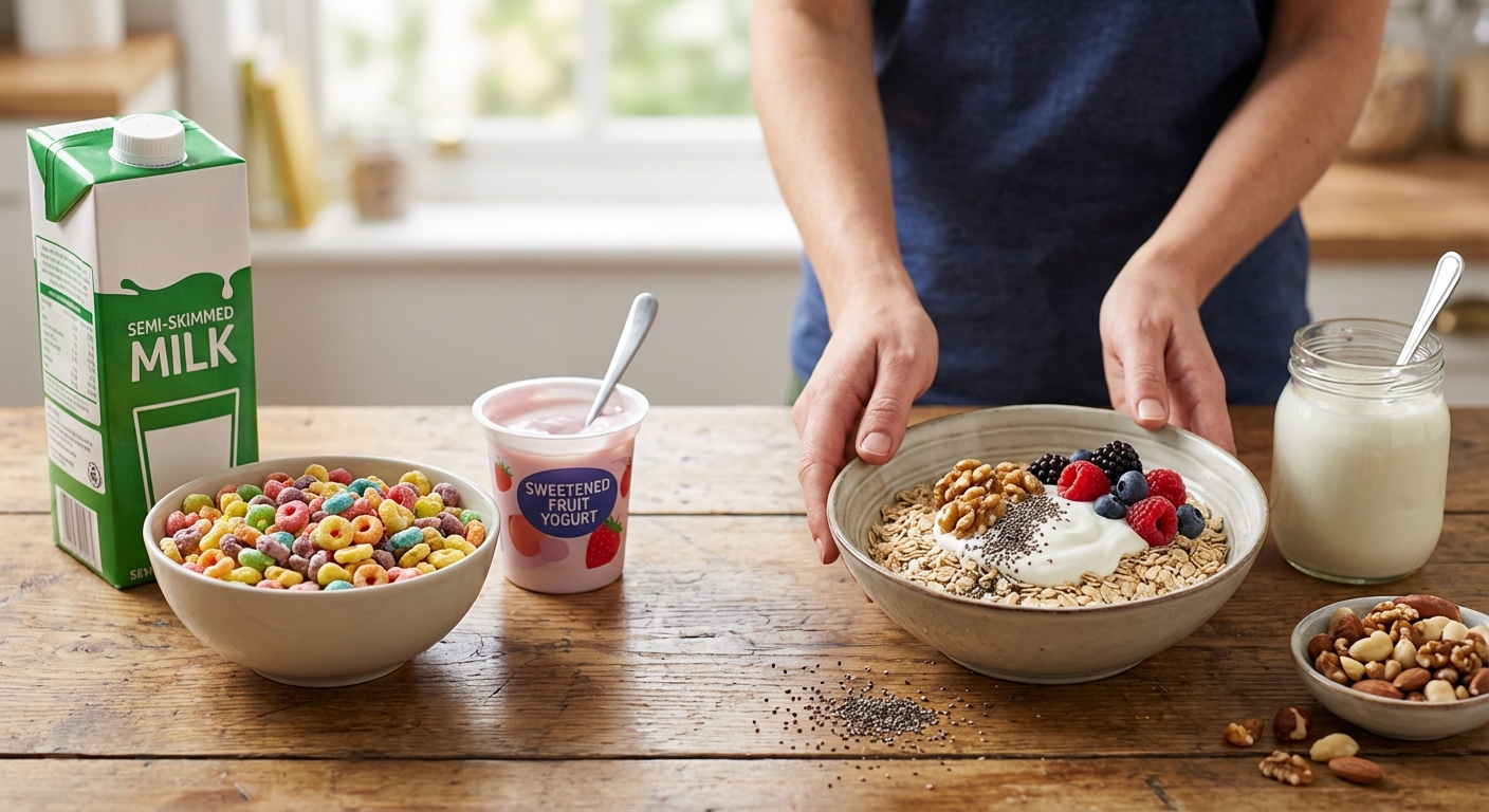 Close-up of a delicious and healthy breakfast with fresh blueberries and raspberries on cereals.